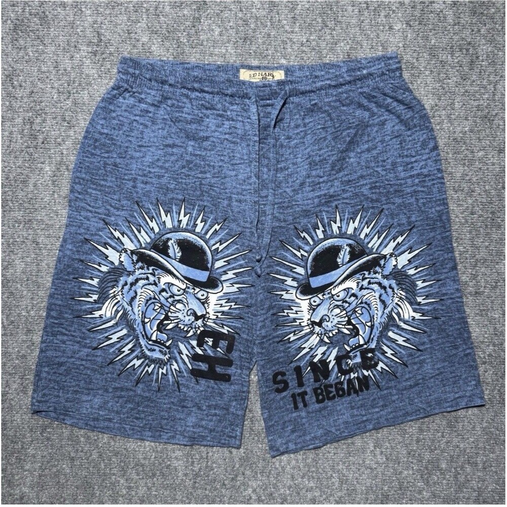 Ed Hardy Soft Knit Sleep Lounge Pajama Shorts Blue Men Large Drawstring Cotton